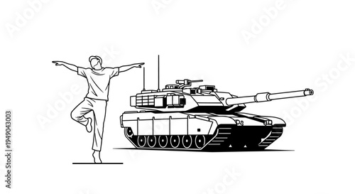 Man doing yoga pose next to a military tank, concept of balance and strength
