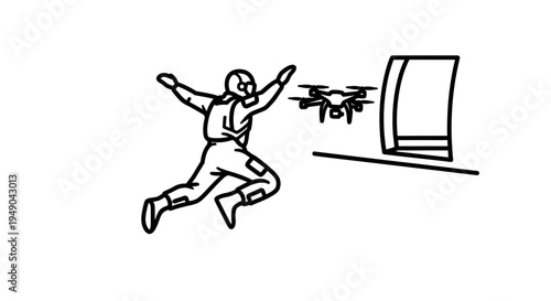 Man in protective suit chases drone near large screen, futuristic surveillance concept