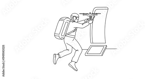 Man with backpack operating drone in futuristic arcade game