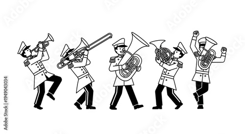 Marching Band Musicians Playing Brass Instruments in Uniforms