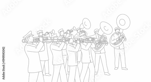 Marching Band Performance: Musicians Playing Brass Instruments in Formation