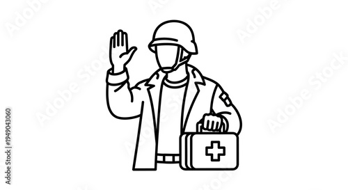 Medic Soldier Waving Hand Holding First Aid Kit, Military Medical Assistance Icon