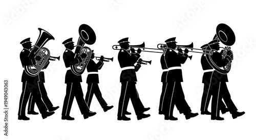 Marching Band Silhouette: Musicians Playing Brass Instruments in Formation