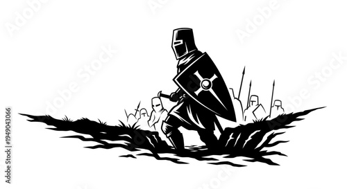 Medieval Knight Warrior with Shield and Sword, Silhouette of Crusader Army Marching