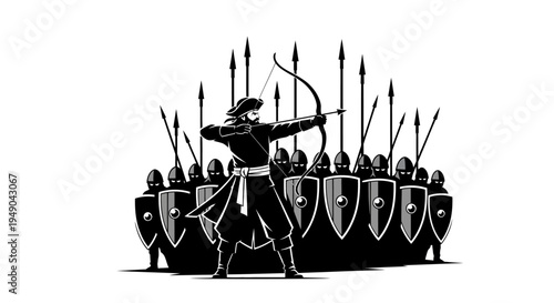 Medieval Archer Leading Army Formation with Shields and Spears