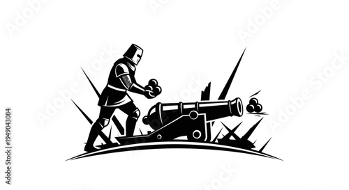 Medieval Knight Loading Cannon with Cannonballs, Historical Warfare Illustration