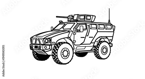 Military Armored Vehicle with Machine Gun Turret - Line Art Illustration