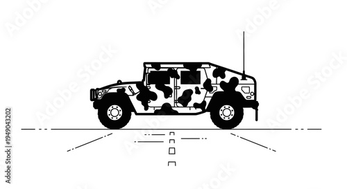 Military Humvee Camouflage Vehicle on Road, Black and White Illustration