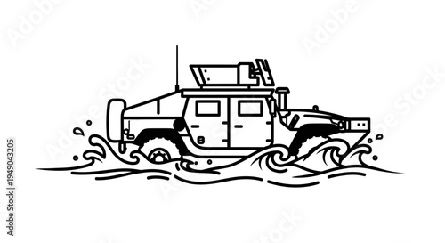 Military Humvee Driving Through Water, Line Art Illustration