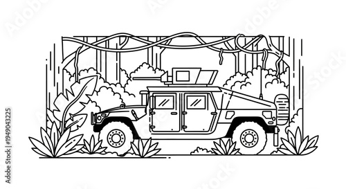 Military Humvee in Lush Jungle Environment, Military Vehicle, Off-road, Adventure