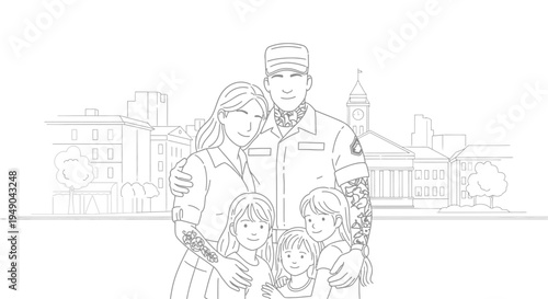 Military Family Portrait: Soldier, Wife, and Children in Front of a Town Hall