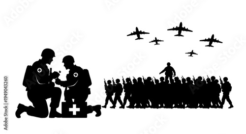 Military medical team aids soldier as troops and aircraft advance, symbolizing war and support.