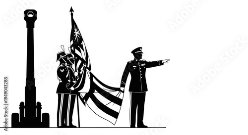 Military Officer Saluting Flag Beside Cannon Monument