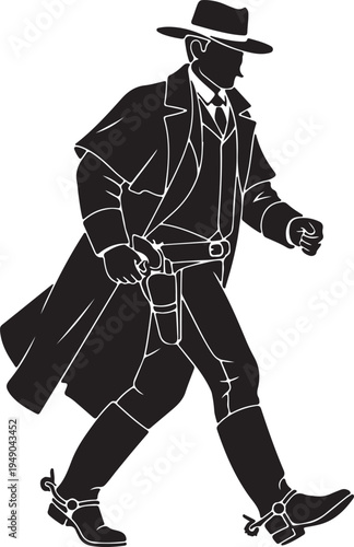 Full-body silhouette of a stylish 19th-century cowboy or gunslinger, featuring a long coat, hat, pistol, and spurs.