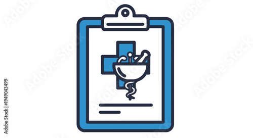 Medical clipboard icon with pharmacy symbol for healthcare apps and websites, blue outline