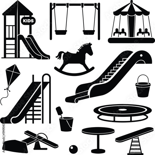 Black silhouettes of playground equipment and toys for childrens play area