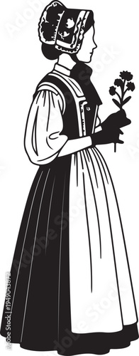 Silhouette of a woman in 1800s traditional fashion, wearing a bonnet and dress, holding a sprig of flowers.