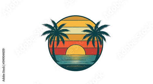 Vintage Sunset Tropical Beach Circle Icon with Palm Trees