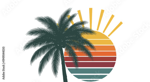 Palm tree silhouette against a retro sunset graphic with sun rays