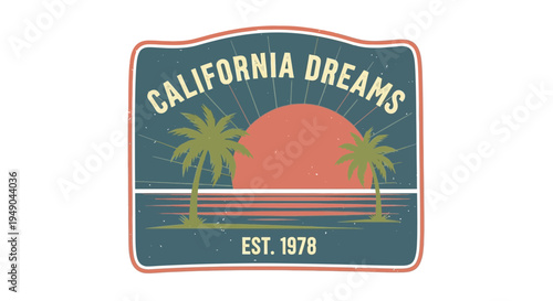 California Dreams sunset vintage badge with palm trees and ocean waves