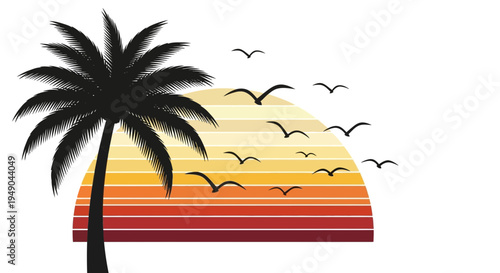 Palm tree silhouette against a retro sunset with flying birds