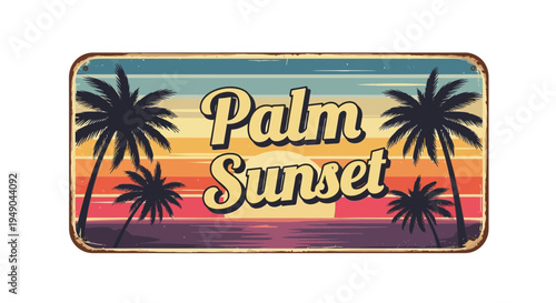 Retro Palm Sunset Sign: Tropical Beach Evening Vintage Metal Art