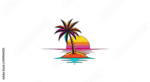 Retro sunset over island with palm tree