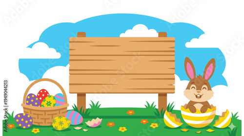 Easter bunny and colorful eggs meadow with blank wooden message sign