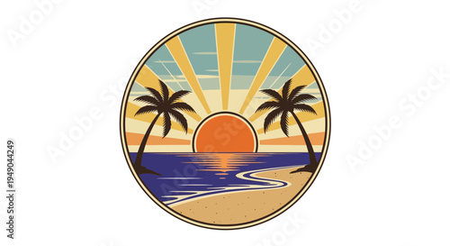 Retro sunset over ocean with palm trees and beach