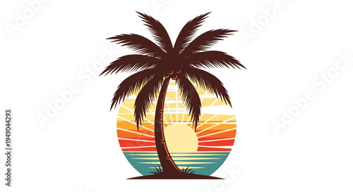 Retro sunset palm tree silhouette over ocean waves