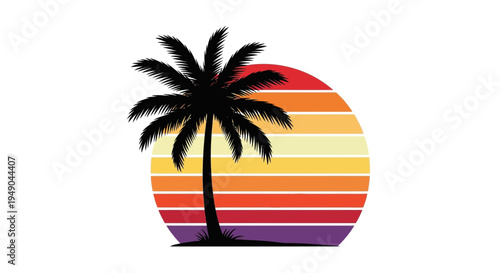 Retro sunset with palm tree silhouette on white background