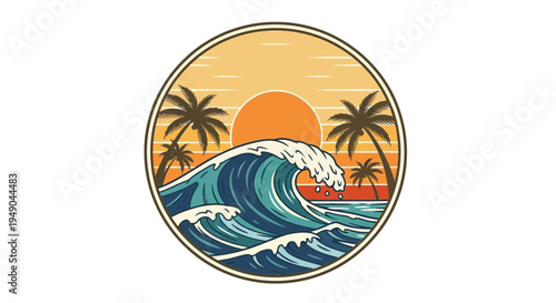 Retro surf wave sunset palm trees circular emblem