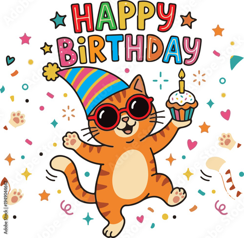 Cute cartoon cat celebrating birthday with cupcake