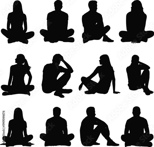 Silhouettes of people in different sitting poses group of people sitting silhouettes