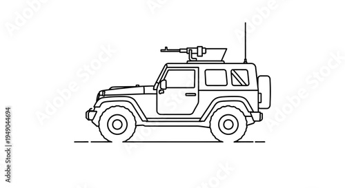 Military Jeep with Machine Gun on Roof - Line Art Illustration