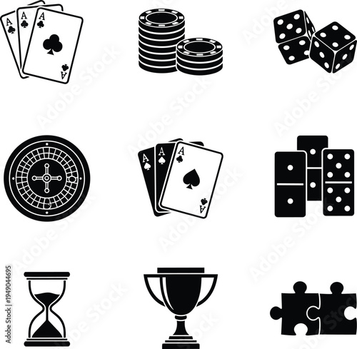 Black icons of various games and gambling symbols collection