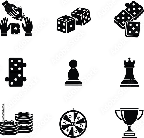 Black icons of various games and gambling symbols collection