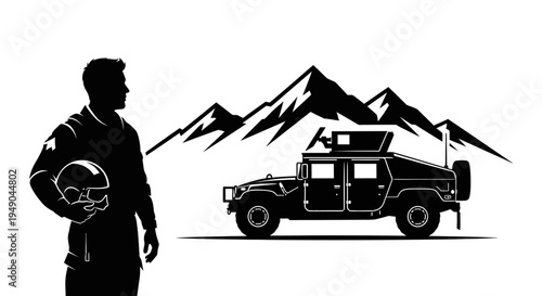 Military Pilot Silhouette with Humvee and Mountains Background