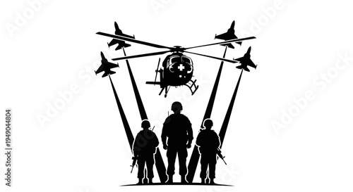 Military Power: Soldiers, Helicopter, and Fighter Jets in Formation