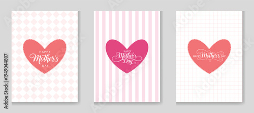 Happy Mother's Day Greeting Cards Set, Pink Heart on Vintage Grid and Striped Backgrounds, Love Theme Collection