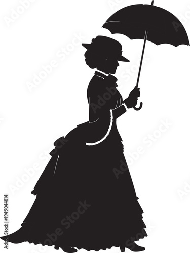 Black silhouette of a Victorian woman in a period gown and hat, holding an umbrella, presented in elegant profile.