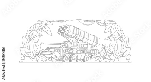 Military Rocket Launcher Vehicle Camouflaged in Jungle Environment Line Art