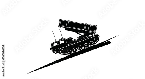 Military Rocket Launcher Vehicle on a Slope, Black and White Illustration