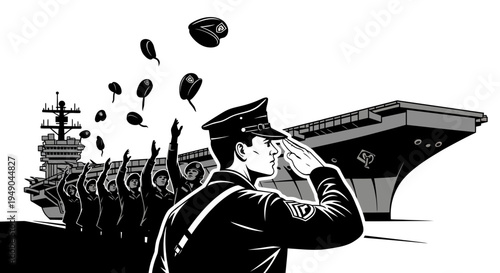Military Salute and Farewell: Aircraft Carrier Departure with Sailors Throwing Hats