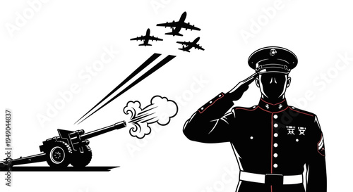 Military Salute: Soldier, Cannon Firing, Fighter Jets Flying - Symbol of Defense and Power