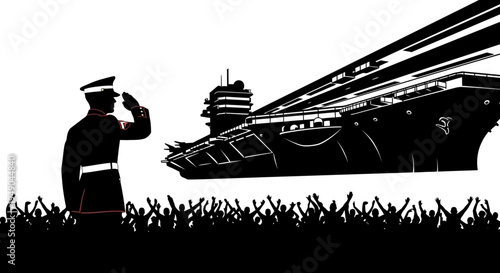 Military Salute to Aircraft Carrier with Cheering Crowd