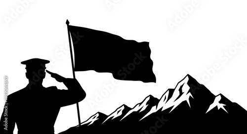 Military Salute to Flag with Mountain Background - Silhouette