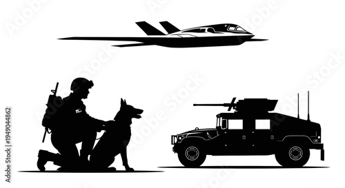 Military Silhouette: Soldier with Dog, Humvee, and Fighter Jet