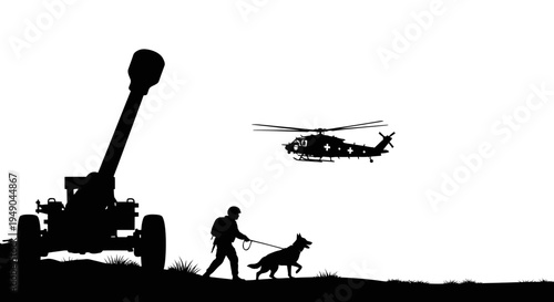 Military Silhouette: Soldier, Dog, Cannon, and Helicopter on White Background