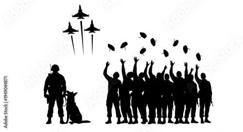 Military Silhouette: Soldier, Dog, Jets, and Cheering Crowd Celebrating Victory or Freedom